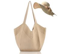 LY&SQ Soft Woven Beach Tote Bag for Women, Stylish Shoulder Handbag with Sun Straw Hat for Vacation, Travel, Summer Essentials(Brown)