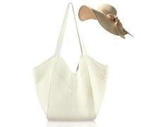 LY&SQ Soft Woven Beach Tote Bag for Women, Stylish Shoulder Handbag with Sun Straw Hat for Vacation, Travel, Summer Essentials(White)