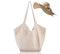 LY&SQ Soft Woven Beach Tote Bag for Women, Stylish Shoulder Handbag with Sun Straw Hat for Vacation, Travel, Summer Essentials(Light gray)
