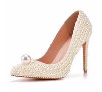 LYAHVGU Women's Wedding Shoes, 11 cm Temperament full pearl Princess Pointed Toe Stiletto Heels Pumps, Bridal Wedding Party Evening Daily Dress Office Court Shoes, 41 EU,Beige