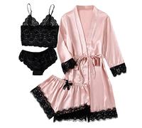 LYANER Women's 4pcs Sleepwear Satin Floral Lace Trim Cami Pajama Set with Robe, Solid Pink, S