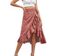 LYANER Women's Boho Floral Print Wrap Front Self Tie Knot Ruffle Hem Split Midi Skirt, Zipper Light Red, XL