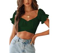 LYANER Women's Cute Ruffle Puff Short Sleeve Tie Back Crop Top Off The Shoulder Cropped Blouse, Dark Green, M