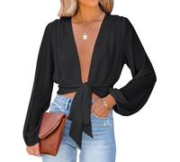 LYANER Women's Deep V Neck Tie Front Knot Long Sleeve Sexy Wrap Crop Top Blouse