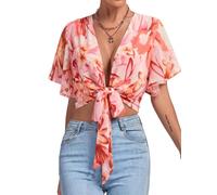 LYANER Women's Deep V Neck Tie Front Knot Wrap Ruffle Short Sleeeve Crop Top Blouse
