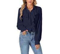 LYANER Women's Dressy Ruffle Blouse Long Sleeve Collar Neck Button Down Victorian Shirt Tops, Navy Blue, L