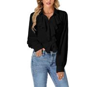 LYANER Women's Fall Long Sleeve Collar V Neck Button Down Ruffle Blouse Victorian Shirt Tops, Black, XL