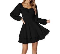 LYANER Women's Lantern Long Sleeve Wrap Tie Back Square Neck Double Layer Ruffle Hem A Line Short Mini Dress, Black, S