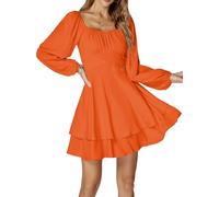 LYANER Women's Lantern Long Sleeve Wrap Tie Back Square Neck Double Layer Ruffle Hem A Line Short Mini Dress, Pure Orange, S