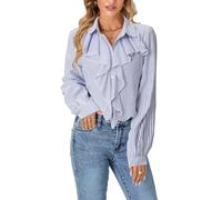 LYANER Women's Long Sleeve Ruffle Blouse Dressy Ruffled Collar Button Down Shirts Victorian Tops, Striped Blue, XL