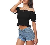 LYANER Women's Off Shoulder Shirred Short Sleeve Crop Blouse Tee Top, Black, M