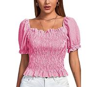 LYANER Women's Ruffle Peplum Smock Gingham Top Square Neck Puff Short Sleeve Blouse Shirt, Rose Red, Large