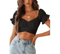 LYANER Women's Ruffle Short Sleeve Tie Up Back Crop Top Off Shoulder Bardot Blouse - black - X-Large