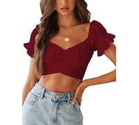 LYANER Women's Ruffle Short Sleeve Tie Up Back Crop Top Off Shoulder Bardot Blouse, Burgundy, X-Small