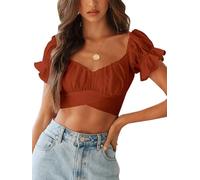 LYANER Women's Ruffle Short Sleeve Tie Up Back Crop Top Off Shoulder Bardot Blouse, Caramel, L