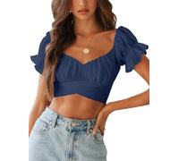 LYANER Women's Ruffle Short Sleeve Tie Up Back Crop Top Off Shoulder Bardot Blouse, Navy Blue, L