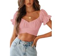 LYANER Women's Ruffle Short Sleeve Tie Up Back Crop Top Off Shoulder Bardot Blouse - pink - Small