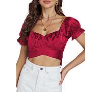LYANER Women's Ruffle Short Sleeve Tie Up Back Crop Top Off Shoulder Bardot Blouse, Satin Burgundy, X-Large