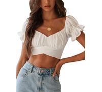 LYANER Women's Ruffle Short Sleeve Tie Up Back Crop Top Off Shoulder Bardot Blouse, White, Medium