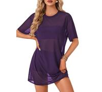 LYANER Women's Sheer Mesh Short Sleeve Cover Ups Round Neck See Through Sexy Blouse Shirt Top, Dark Purple, S