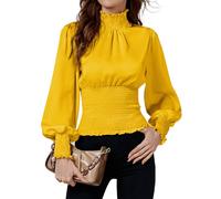 LYANER Women's Shirred Frill Mock Neck Smocked Puff Long Sleeve Blouse Top, Yellow, S
