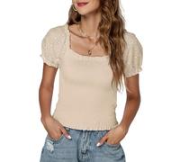 LYANER Women's Square Neck Shirred Eyelet Embroidered Puff Short Sleeve Ruffle Trim Blouse Crop Top, Beige, L
