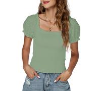 LYANER Women's Square Neck Shirred Eyelet Embroidered Puff Short Sleeve Ruffle Trim Blouse Crop Top, Light Green, L
