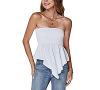 LYANER Women's Strapless Pleated Ruffle Hem Shirred Bandeau Sleeveless Tank Tube Top, White, Medium