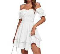 LYANER Women's Tie Back Off Shoulder Wrap Layer Ruffle A Line Short Sleeve Casual Mini Dress, Solid White, S
