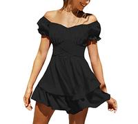 LYANER Women's Tie Back Off Shoulder Wrap Layer Ruffle Short Sleeve Mini Dress, Black, Small