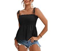 LYANER Women's Tie Shoulder Frill Shirred Ruffle Hem Sleeveless Strappy Cami Blouse Peplum Top, Black, Small