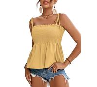 LYANER Women's Tie Shoulder Frill Shirred Ruffle Hem Sleeveless Strappy Cami Blouse Peplum Top, Light Yellow, M