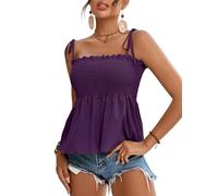 LYANER Women's Tie Shoulder Frill Shirred Ruffle Hem Sleeveless Strappy Cami Blouse Peplum Top, Purple, XL