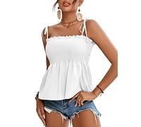 LYANER Women's Tie Shoulder Frill Shirred Ruffle Hem Sleeveless Strappy Cami Blouse Peplum Top, White, Medium