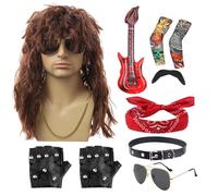 lyanny 10 80s Fancy Dress Set | 80s Punk Gothic Rock Costume Accessories for Men Women | Heavy Metal Accessories with Wig Headband Collar Sunglasses Gloves Sleeves Beard Guitar Props