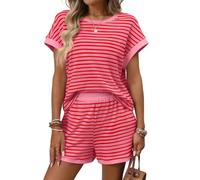 LYBHFCFC Women's 2 Piece Waffle Knit Short Sleeve Top and Shorts Set | Viscose blend, striped waffle texture, elastic waist with pockets, for summer pajamas, beach trips, casual daily lounging