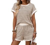 LYBHFCFC Women's 2 Piece Waffle Knit Short Sleeve Top and Shorts Set | Viscose blend, striped waffle texture, elastic waist with pockets, for summer pajamas, beach trips, casual daily lounging