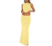 Lybiogs Womens 2 Piece Maxi Skirt Sets Tank Top Summer Going Out Outfits, Yellow, L