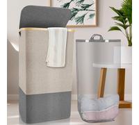 Lycasia Laundry Basket With Lid 110L, Bamboo Handle Slim Laundry Basket And Removable Washable Inner Bag, Collapsible Large Storage Basket Laundry Hamper For Dirty Cloth Toy Towel Storage (Beige Grey)