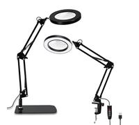 Lychee 10X Magnifying Glass with Light and Stand, 3 Color Modes Stepless Dimmable Glass Magnifying Hands Free 2-in-1 Desk Lamp with Heavy Base Clamp, LED Lighted Magnifier for Repair Crafts Close Work