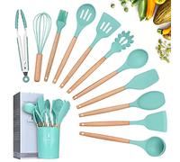 Lychee Kitchen Utensil Set Silicone Cooking Utensils - 12 Pieces Cooking Spatula Turner Heat Resistant Tools with Wooden Handle for Nonstick Non Scratch Cookware Kitchen Gadgets Set (Dark Green)