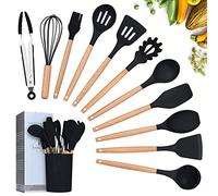 Lychee Kitchen Utensil Set Silicone Cooking Utensils - 12 Pieces Cooking Spatula Turner Heat Resistant Tools with Wooden Handle for Nonstick Non Scratch Cookware Kitchen Gadgets Set (Black)