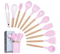 Lychee Kitchen Utensil Set Silicone Cooking Utensils - 12 Pieces Cooking Spatula Turner Heat Resistant Tools with Wooden Handle for Nonstick Non Scratch Cookware Kitchen Gadgets Set (Pink)