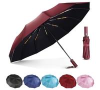 Lychico Windproof Travel Umbrella - Compact, Automatic Folding, 12 Ribs, Wind Resistant for Rain, Portable, Single Hand Use, Small, Light, Strong Backpack Protection, Red