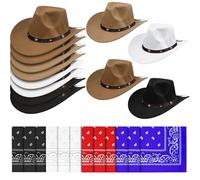 LYCN 12 Pack Cowboy Hats and Bandanas Set, Unisex Felt Western Hat Classic Multipack Cowboy Hats Texas Texan Costume for Men, Women, Adults Festivals Wild West Themed Events