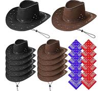 LYCN 12 Pack Felt Cowboy Hats with12 Bandana, Cowboy Western Hat Bulk with Adjustable Drawstring, Wide Brim Cowboy Hat Set for Men Women Dress Up Celebrating Party Cosplay (6 Brown＋6 Black)
