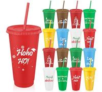 LYCN 16 Pack Plastic Christmas Cups with Lids and Straws, 700ml Christmas Party Cold Cups Bulk, Reusable Colourful Tumbler Cup for Xmas Santa Birthdays Gifts (8 Colors)