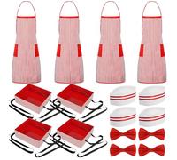 LYCN 16 Piece Carnival Waiter Costume Set 1950s Red White Striped Apron Hot Dog Popcorn Soda Jerk Costume Adult Kitchen Chef Costume Outfit for Theme Party Film Night