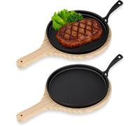 LYCN 2 Sets Cast Iron Fajita Pan Set, Cast Iron Skillet with Wooden Base Anti Scald Protection Round Nonstick Sizzling Pan for Kitchen Restaurant Barbecue Indoor Outdoor Picnic (25 x 38cm)