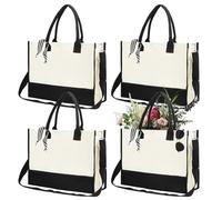 LYCN 4 Pack Canvas Tote Bag with Shoulder Strap Personalized Classic Grocery Tote for Women, Reusable Shopping Bags with Inner Pocket and Side Pouches Perfect Gifts for Mom, Teachers, Friends